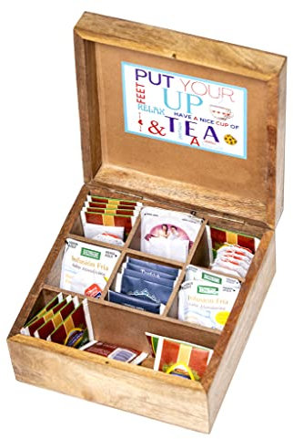 Emotiset decorativo scatola da tè in legno massiccio con coperchio, 7 scomparti di stoccaggio. Stile etnico vintage. Regalo, Dettaglio per gli amanti del tè.Tea Time