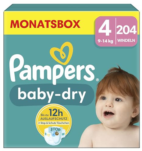 Pampers Baby-Dry Größe 4, 204 Windeln, 9kg-14kg, Bis zu 100% Auslaufschutz & Komfort die ganze Nacht