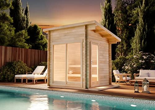 FinnTherm Gartensauna Außensauna Saunahaus Lizzy XS mit Fußboden mit 2 Sitzbänke aus Fichten-Holz Wandstärke 40 mm