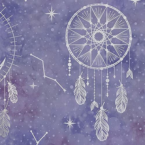 Dreamcatcher Purple Silver Wallpaper - Metallic Stars Constellation Space Feathers Kids Bedroom Nursery Modern