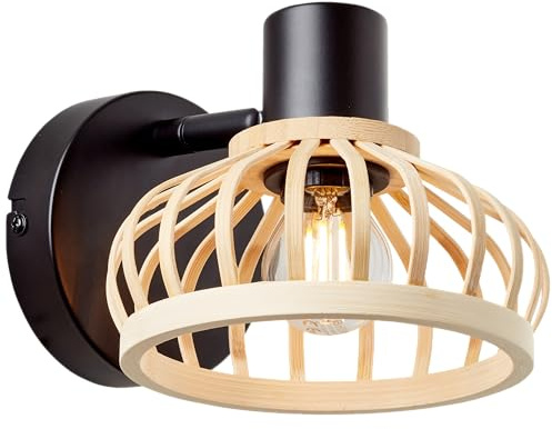 Lightbox Nature Wandlampe - schwarzer Wandspot mit Bambus-Schirm und schwenkbarem Kopf - dimmbar - 14,9 cm Höhe x 15 cm Breite - E14 Fassung max. 28 W - für Schlafzimmer aus Metall/Bambus