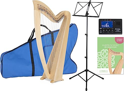 Classic Cantabile K-36 Keltische Harfe Set - Kompakte Celtic Harp aus Eschenholz - 36 Saiten - In Es-Dur gestimmt - inkl. Tasche, Schule, Notenständer und Metro-Tuner & 2 Stimmschlüssel - Höhe: 127 cm