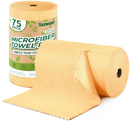 SOOWASH Microfiber Cleaning Cloths Roll 75 Pack 12x12 Inch Lint Free | Tear away design, lint free, washable, scratch free, ultra absorbent, for dish rags and household cleaning, Orange color