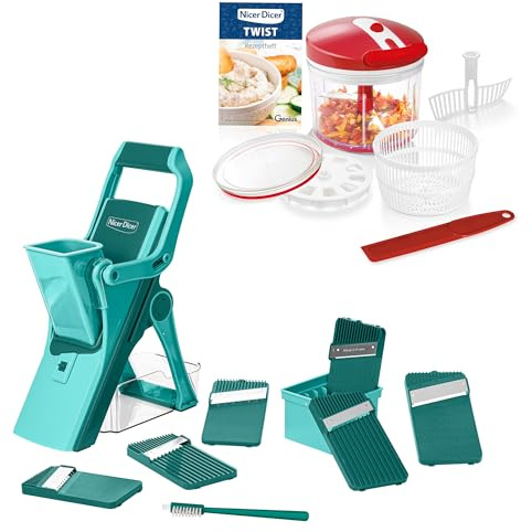 Genius Nicer Dicer Mando inklusive Twist Gemüseschneider 21 tlg., Gemüsehobel manuell stehend mit Auffangbecken 6 Einsätze Zwiebel Kartoffel Pommesschneider Salatschneider, Salatschleuder