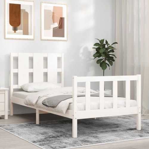 Camerina Massivholzbett mit Kopfteil Bettgestell Bed Frame Holzbett Kopfteil Bett Schlafzimmer Bett Massivholzbetten Weiß 90x200 cm 3192217