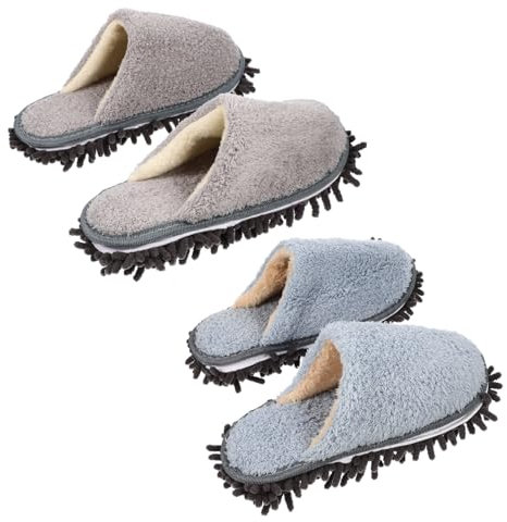 DECHOUS Wiederverwendbare Wischmopp Hausschuhe Waschbare Kehrschuhe Für Zuhause Praktische Staubmopp Pantoffeln Komfortables Material Für Bodenreinigung 2 Paar (blaum Grau M)