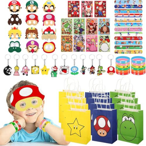 GOTFUN 72Pcs Party Bag Fillers, Party Favours Supplies, Super Bro Theme Party Supplies with Party Bags Mask Keychain DIY Stickers Wristband, Perfect for Birthday Party