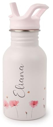 J.Børn Personalised Bottle With Straw For Kids 350ML | Hand-Painted Designs | Single-Skinned, Food-Grade Stainless Steel Bottle | Light Weight Water Bottle | Leak-Proof Bottle (Poppy Flowers)