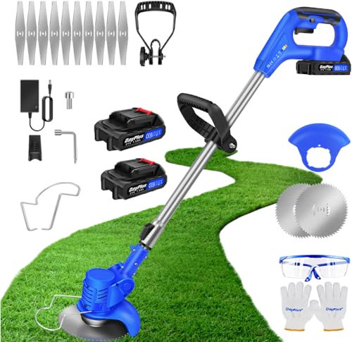 Qimu Coupe-Herbe sans Fil avec 2 Batterie et Lames en métal Coupe Bordure sans Fil DéBroussailleuse à Batterie Electrique Puissante Taille Haie Coupe-Mauvaises Herbes pour la Coupe-Herbe de Jardin