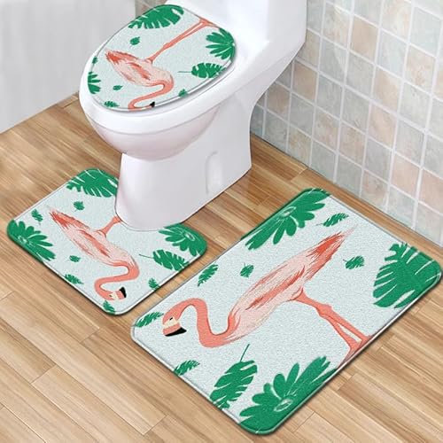 Bad Teppiche Set 3-Teiliges Rosa Grüne Blätter WC Vorleger Mit Ausschnitt Badematte Saugfähig WC Deckelbezug Badvorleger rutschfest Waschbar Toilettensitzbezug Badgarnitur (45x75cm)