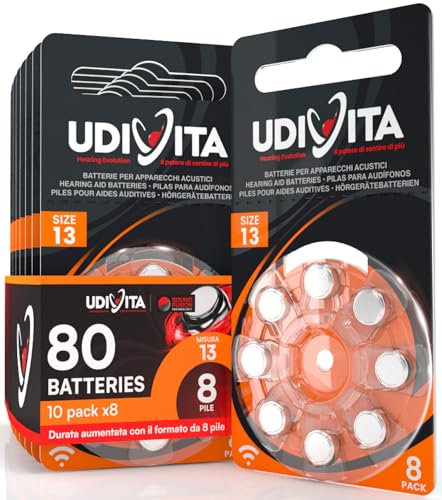 80 Batterie Udivita Misura 13 per Apparecchi Acustici Auricolari PR48 (Arancioni - Zinco Aria) con Phono Pulse Technology per Amplificatore Acustico - 10 Blister da 8 Pile