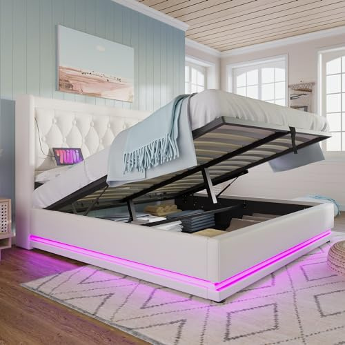 Ymkua Polsterbett 160x200 Doppelbett, Stauraumbett mit LED-Funktion, Bett mit Kopfteil und Lattenrost, Jugendbett mit USB Typ-C Ladefunktion Hydraulisch Funktionsbett,Bettgestell,Weiß Ohne Matratze
