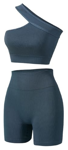 Havejoy Vetement Sport Femme Fitness Ensemble Deux Piece Short et Crop Top Une Epaule Camisole Court Tenue de Yoga Mode Survêtement Ete pour Jogging Gymnastique Training Danse Pilate Workout Tracksuit