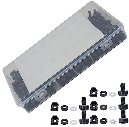 Anneome Juego De 100 Tornillos Metálicos M6 Para Rack Tuercas Enjauladas y Arandelas Negras, Tornillos Multifuncionales Para Montaje De Gabinetes y Racks De Servidores