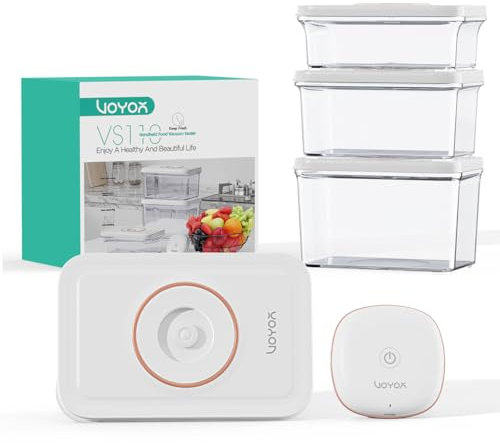 VOYOR Macchina Sottovuoto Alimenti Portatile Kit Ricaricabile e senza Fili Mini Macchina Sottovuoto con 3 Contenitori Sottovuoto Riutilizzabili (1 Macchina + 3 Contenitori)