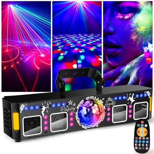 Fwiull 6-en-1 Jeux de Lumière Soiree Professionnel avec Télécommande, Effets RGB UV avec Stroboscope Doré, Contrôle DMX et Sonore, Lampe de Scène pour Fête, DJ, Club, Halloween, Noël