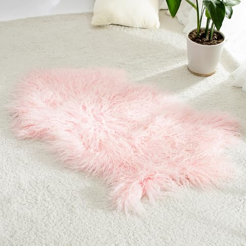 CloudDwelling 100% Genuine Sheepskin Area Rug Real Lightweight Fluffy Soft Mongolian Long Wool Fur Carpet for Couch Bed Sofa Bedroom Living Room Pink 2x3ft