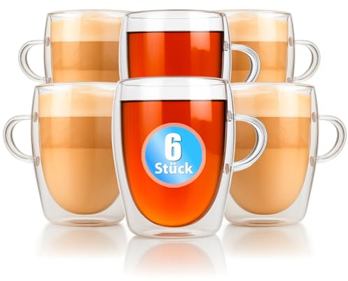 BigDean 6 Doppelwandige Latte Macchiato Gläser mit Henkel 300 ml Tassen | Teetasse Thermogläser Teegläser Kaffeegläser in Geschenkverpackung