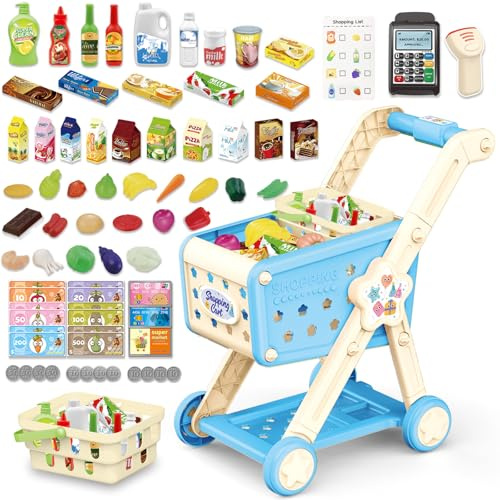 RedCrab Shopping Trolley Toy for children, Kids 75PCS Pretend Supermarket Shopping Cart Playset with Food Shop Accessories, Adjustable Store Basket Grocery Store Games for Ages 3+ (Blue)