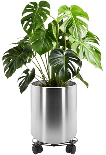 LONGRUNNEW Bac à plantes rond en acier inoxydable de 30 cm de diamètre, avec chariot à roulettes, surface laquée, anti-traces de doigts, facile à nettoyer, convient pour l'intérieur et l'extérieur