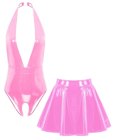 TiaoBug dam wetlook body ouvert stringbody nackhållare rygglös topp djup V-ringad topp och lack läder kjol mini veckad kjol gogo klubbkläder, ROSA, XL