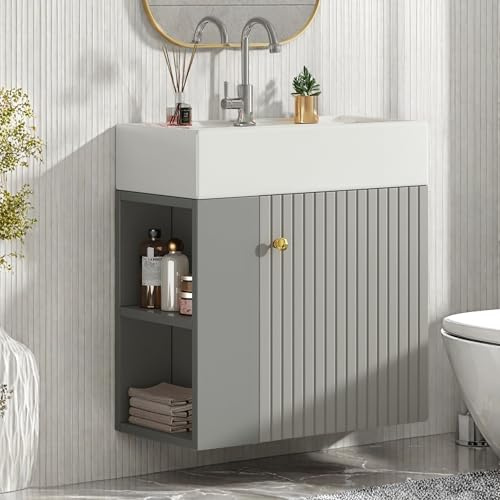 YLSZHY Mobile da bagno sospeso da 55 cm, con lavello in ceramica, moderno mobile da parete con anta scanalata e ripiano aperto, per bagno di casa, piccolo spazio, senza rubinetto (grigio)