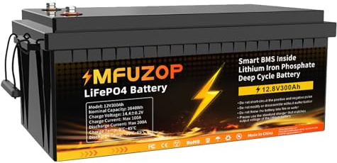 MFUZOP Batería de Litio LiFePO4 12V 300Ah, BMS 200A Integrado, Baterías de Ciclo Profundo 15000+, Energía Máxima de Salida 3840Wh, Soporte de Potencia en Conexión Serie/Paralelo, Solar, RV, Camper