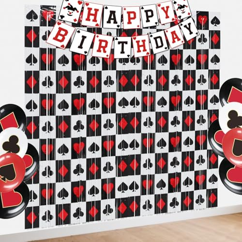 Casino Party Supplies, 2 pezzi Poker Stampa Frange Tende Metallizzato Lametta Lametta come Grand Entrance per decorazioni di compleanno rosse e nere, 3,3 x 6,6 ft