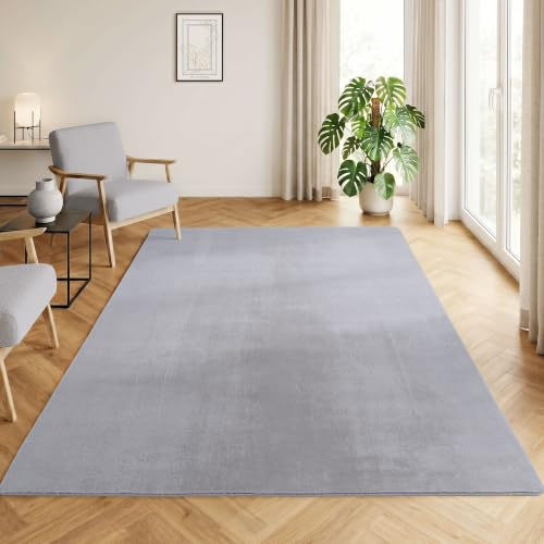 HomebyHome Teppich Silber 200x280 cm Waschbarer Kurzflor Teppich, rutschfest & weich, modernes einfarbiges Design für Wohnzimmer, Schlafzimmer, Küche & Kinderzimmer.