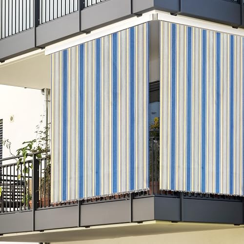 Rideau de soleil à rayures de qualité supérieure pour balcon, terrasse ou véranda – Housse d'ombrage d'extérieur avec anneaux et crochets – Tissu de haute qualité, résistant aux rayons UV et