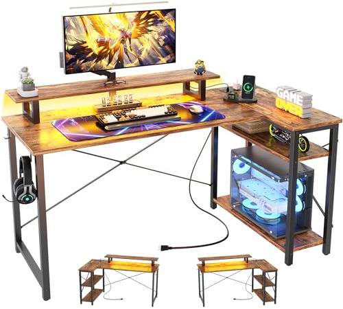 iSunirm L-förmiger Gaming-Schreibtisch mit LED-Licht und Steckdosen, Computertisch mit Ablageflächen, umkehrbarer Eckschreibtisch mit Monitorständer zum Lernen, 120 x 70 cm, Braun