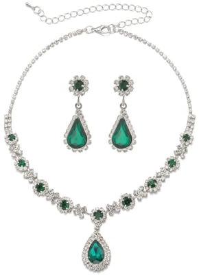 Auriselle Joyas strass novias, conjunto joyas novia 2 piezas, collar colgante forma lágrima, conjunto de pendientes, strass verde esmeralda brillante, collares novia para niñas, verde