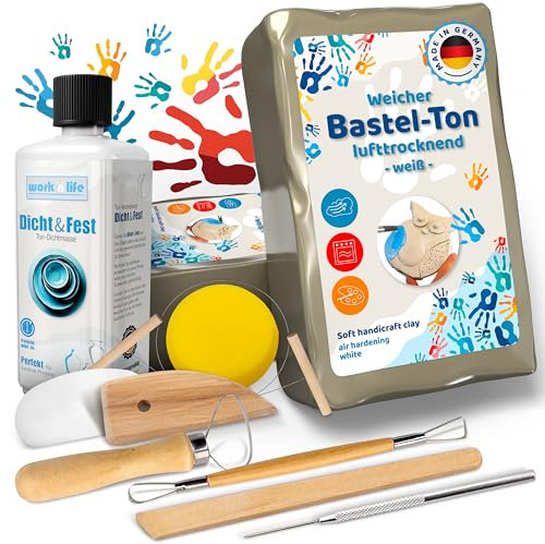 Ton lufttrocknend 2,5kg, Werkzeug- Set, 250ml Tondicht, Bastelspaß für Zuhause, Modelliermasse, Knetmasse, Ideal für Hobbyisten und Bastelbegeisterte. Ideal für Ihre Freizeitgestaltung, Air Dry Clay