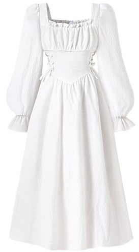 Girls Square Neck Midi Corset Dress Puff Long Sleeve A-Line Lined Casual Flowy Dress Elastic Waist Back Smocked (White, 12-13 Years)