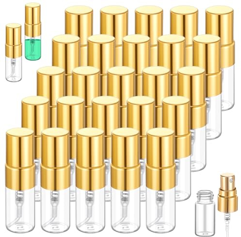 Alrhso 50Pcs 2ml Glass Spray Bottle Empty Tiny Perfume Sample Bottles Atomizer Clear Atomizer Sprayer for Perfume Sample Bottles Refillable for Travel Fine Mist (Gold Cap)