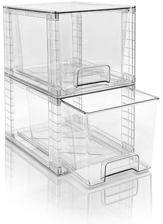 XWYWX 2 Pezzi Cassetti Impilabili Medi, Organizer Acrilico Trasparente con Maniglie, Facile Montaggio per Bagno, Cucina, Sottolavello, Armadio, Cosmetici, Dispensa, Organizzazione