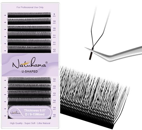 Natuhana 2D UU Extensiones de Pestañas Pelo a Pelo 0.07mm C/D Curl U Paralelo Forma Naturales Lashes Volumen Ruso Clover Eyelash Extension Pestañas Postizas 12 Filas(Negro,0.07D,9-15mm)