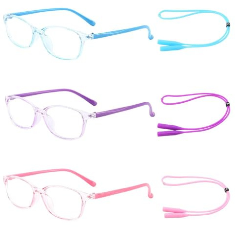 JDNFKG 3 stycken anti-blåa ljusglas och 3 stycken anti-De-Silica-glasögon, barnglas utan begränsning, mjuka och böjbara glas, platta ljusläsglasögon (lila, blå, rosa)