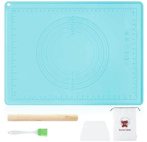 FEMONGY Rodillo amasar con tapete de silicona para hornear, Rodillo de madera + raspador + pincel de aceite + bolsa de almacenamiento, Adecuado para pizza, masa de pasta, pasteles, Azul, 45 * 65cm