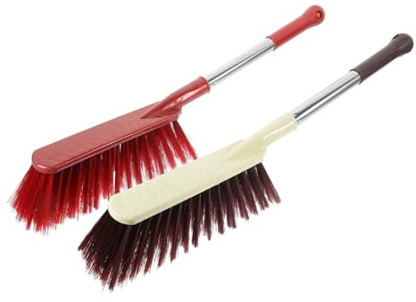 FRCOLOR 2pcs Hand Broom Dust Brush Set Stainless Steel Handles, Large Soft Cleaning Brushes for Bed, Sofa, Carpet and Home Upholstery, White and Red Long Handle Dusting Tools for Household Cleaning