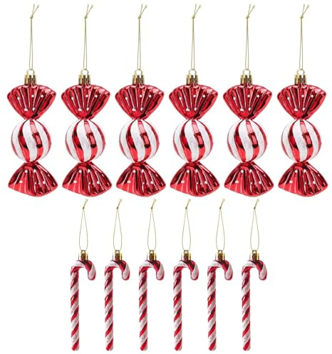 12 Stück Zuckerstangen Deko, Weihnachtsbaum Schmuck Set mit 6 Roten Weihnachtskugeln und 6 Roten Zuckerstangen Anhängern, Festliche Weihnachtsdeko für Baum und Zuhause