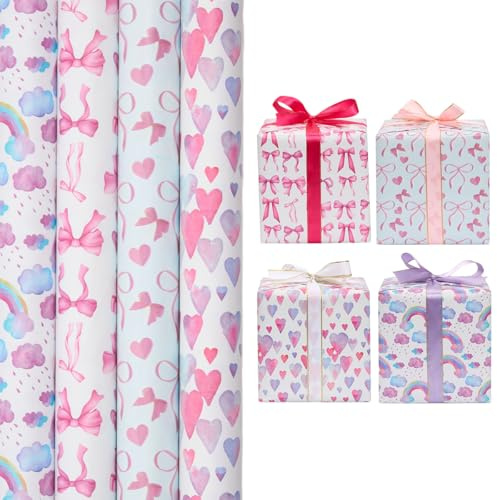 Rosa Geschenkpapierrolle, 4 Rollen à 43 cm x 3 m mit Schleifenmuster für Geburtstags- und Valentinstagsgeschenke