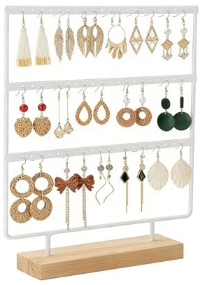 Galenecx Porta Orecchini Organizer Materiale di Ferro, Espositore 3 Livelli con Base in Legno per Orecchini, Collane, Bracciali, Bianco
