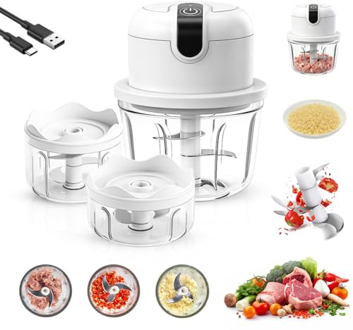 Mini Zwiebel Zerkleinerer Elektrisch, 100+200+350 ml Multizerkleinerer Küchenmaschine Kabelloser Klein Zwiebelzerkleinerer, Fleischwölfe Elektrischer Zerkleinerer für Fleisch Zwiebeln Obst Gemüse