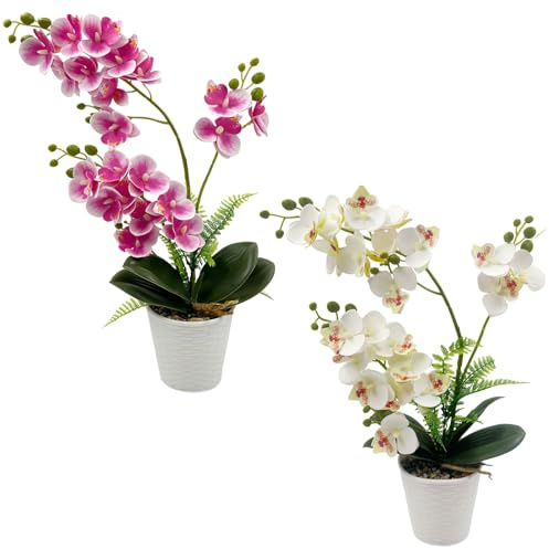Daily Treasures 21-Heads Artificial Orchid Flower in Pot,2 pack Potted Orchid Plant,Fake Phalaenopsis Flowers with Plastic Vase,Silk Flowers Indoor Decor for Home Table Centerpiece(White & Purple)