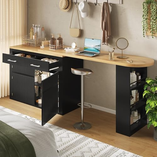 NuvlaGu Mesa de bar extensible con espacio de almacenamiento, 137-215 x 39 x 102,3 cm, color negro, MDF, con cajón y estantes, portátil, telescópica, isla de cocina, mesa alta color negro
