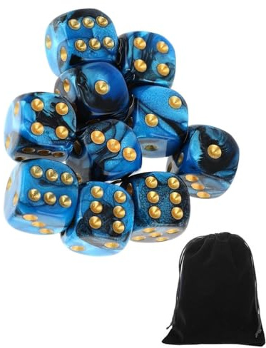 CULEB 10 PCS Dadi,16mm D6 Dadi da Gioco Acrilici,SetDadi con Borsa di Velluto per Giochi da Tavolo,Giochi di Ruolo(Nero-Blu)