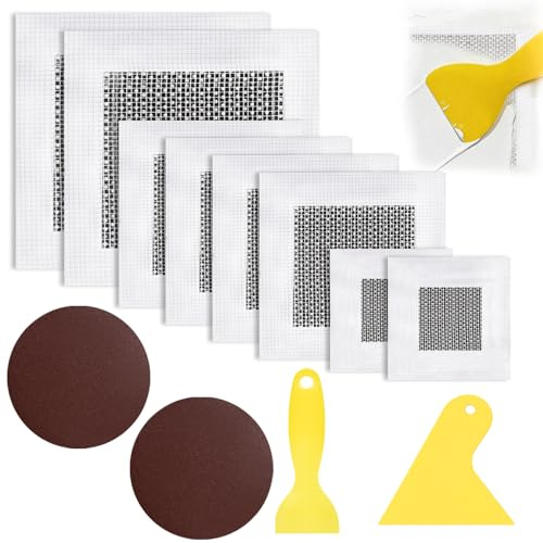 Witflew 12 Pcs Wall Repair Patch, 2/4/6 Inch Wall Repair Kit with 8 Self-Stick Aluminum Mesh Hole Fillers, Plaster Repair Kit Include 2 Round Sandpapers & 2 Scrapers for Quick Wall