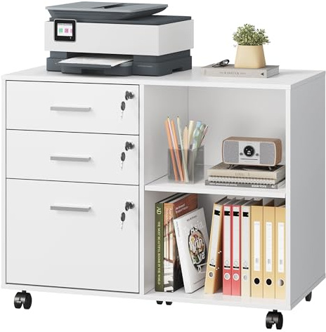 DEVAISE Rollcontainer abschließbar mit 3 Schubladen und offenen Fächern, Schreibtisch Schrank für Büro, Home Office, Rollcontainer Weiß für DIN A4/Legal/Letter,Weiß