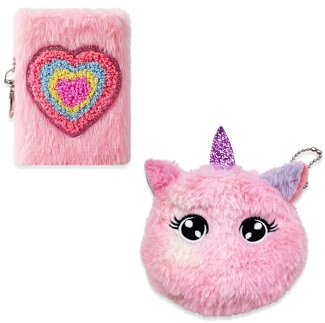 Plüsch Notizbuch Mädchen Set, A7 Mini Notizblock Kinder mit Einhorn Geldbörse, Flauschiges Tagebuch Mädchen Rosa, Kawaii Schreibset für Unterwegs, Geschenk Schulanfang Geburtstag